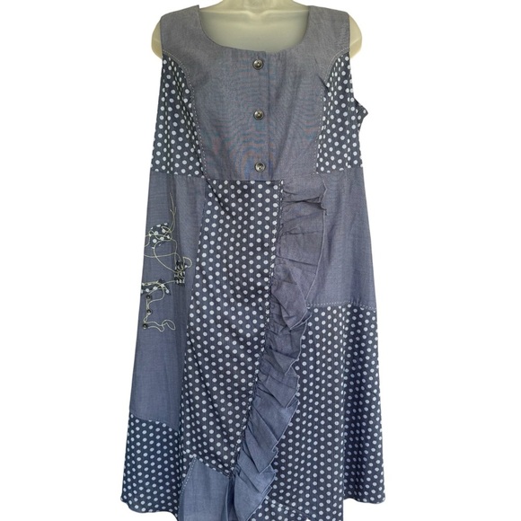 Taillissime Chambray Patchwork Polka Dot Midi Dress 16W Ruffle Boho Cottagecore - Picture 1 of 9